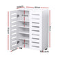 White storage rack with shelf tiers and metal supports