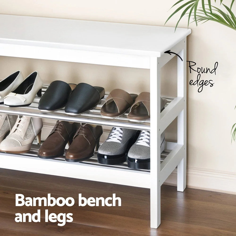 White bamboo shoe cabinet with doors and storage compartments