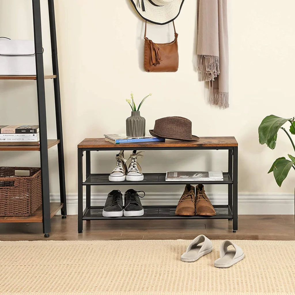 Brown mesh shoe rack with stacked shoe shelves and metal posts