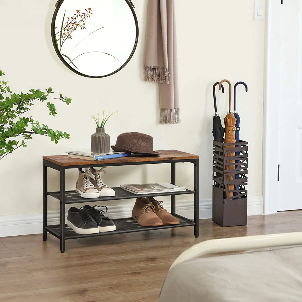 Brown mesh shoe rack with shoe storage tiers and top rail
