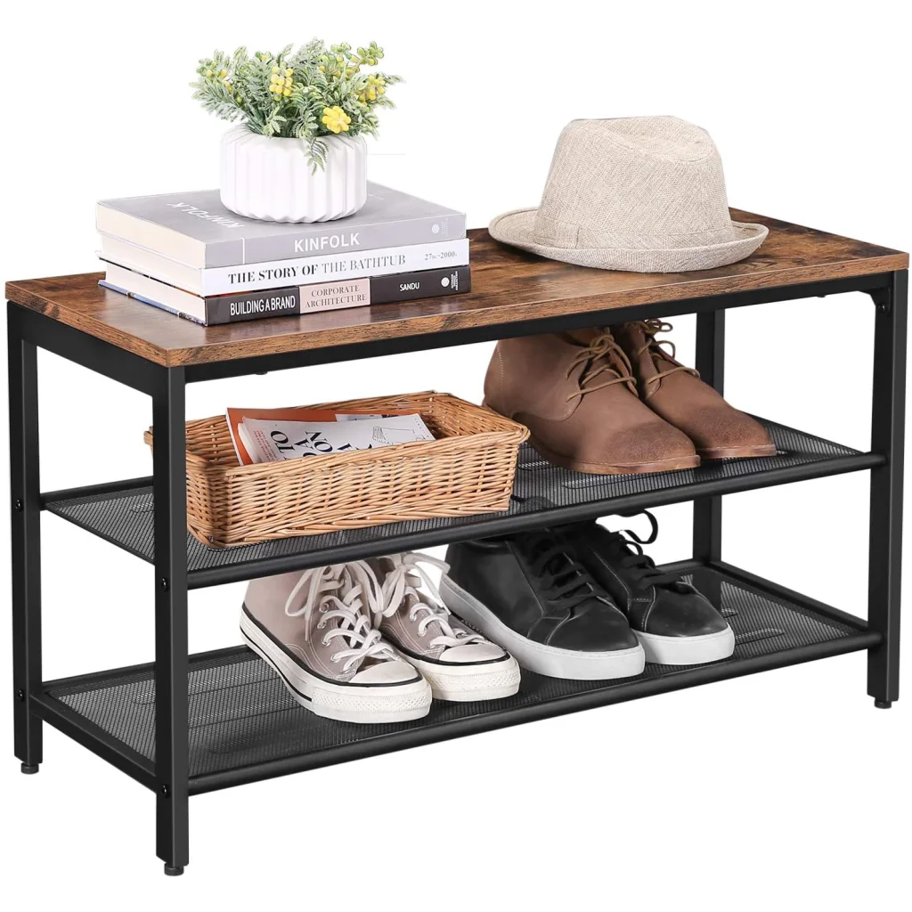 Brown mesh shoe rack with tiered shelves for entryway shoes