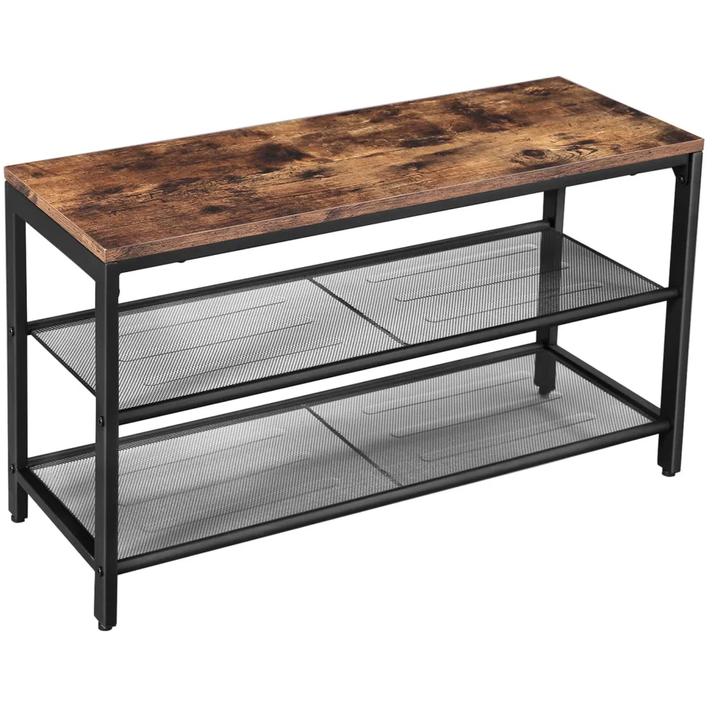 Brown mesh shoe rack with open shelves and side supports