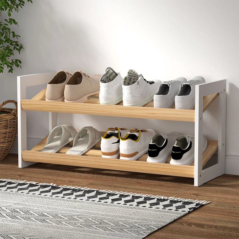 Shoe Rack Wooden Storage 2-Tier with Tilted Shelves