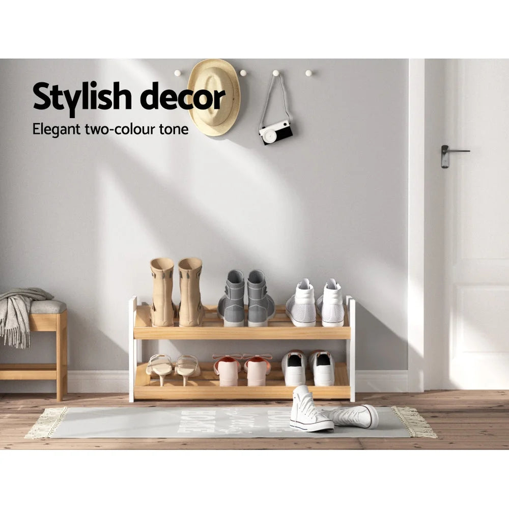 Shoe Rack Wooden Storage 2-Tier with Tilted Shelves
