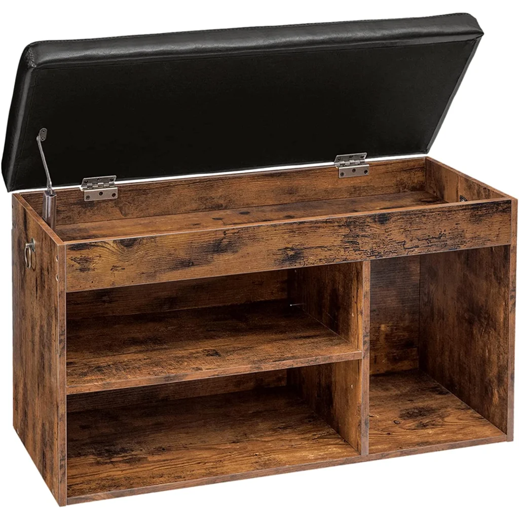 Shoe storage bench with storage context and item proportions