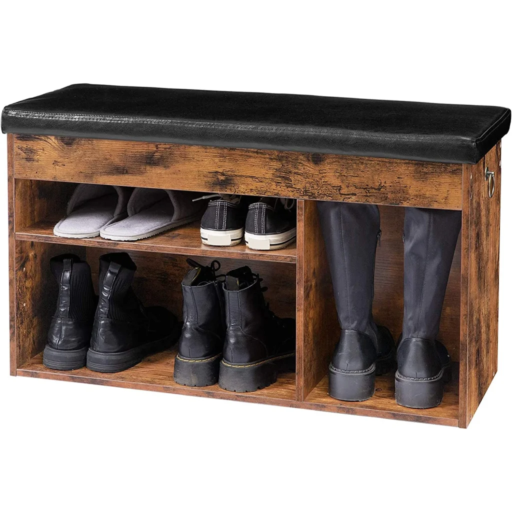 Shoe storage bench with display setup and product form