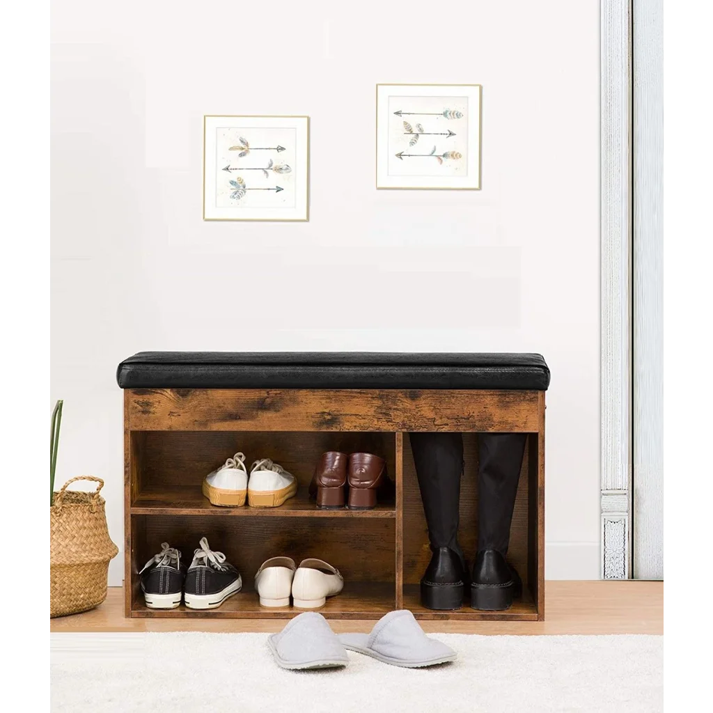 Shoe storage bench with size cues and product form