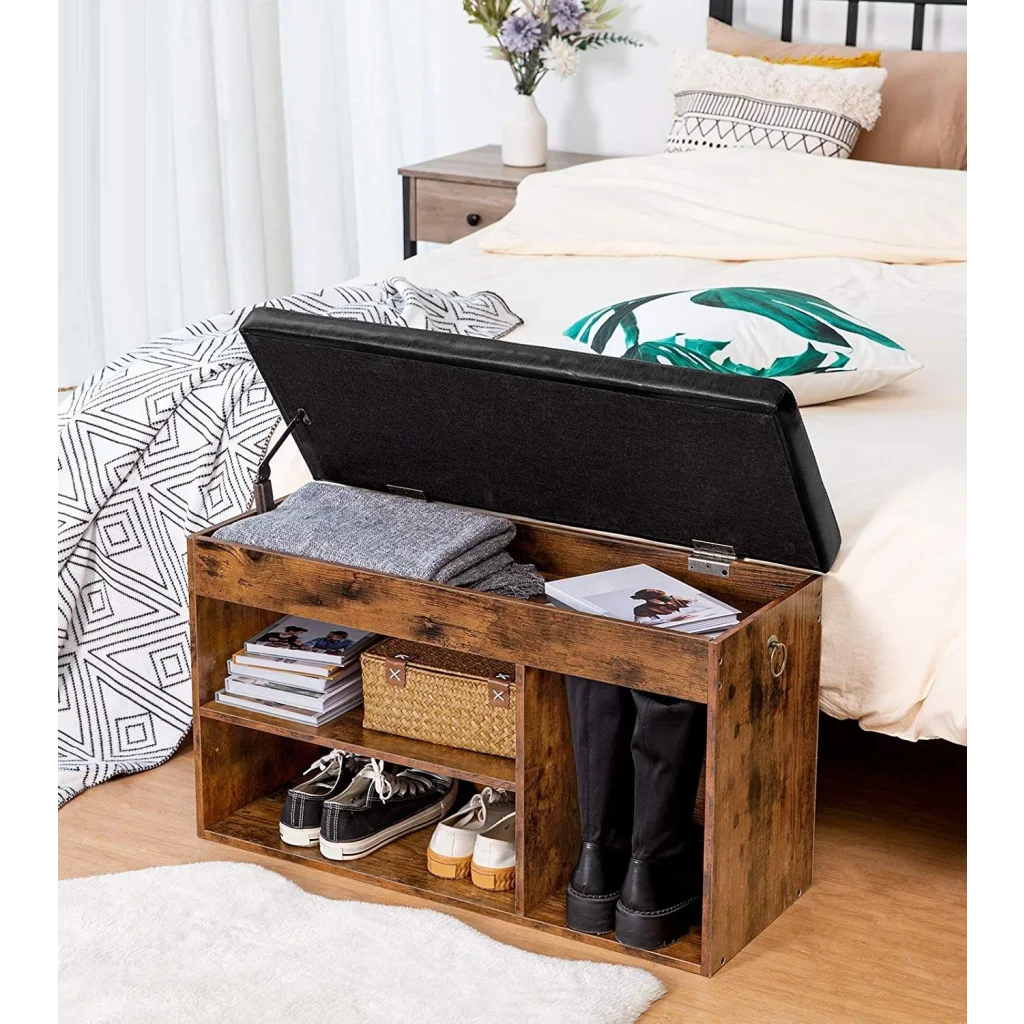 Shoe storage bench with key surfaces and edge shape