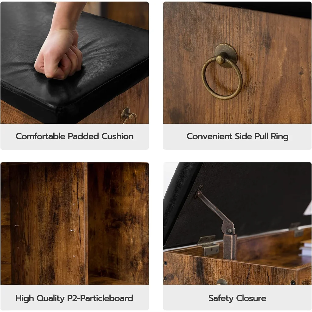 Shoe storage bench with colour and construction cues