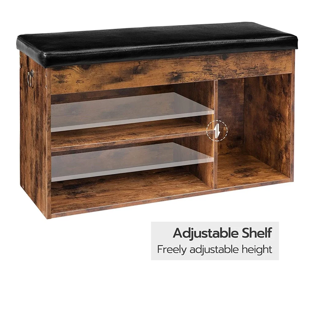 Shoe storage bench with retail box and product label area