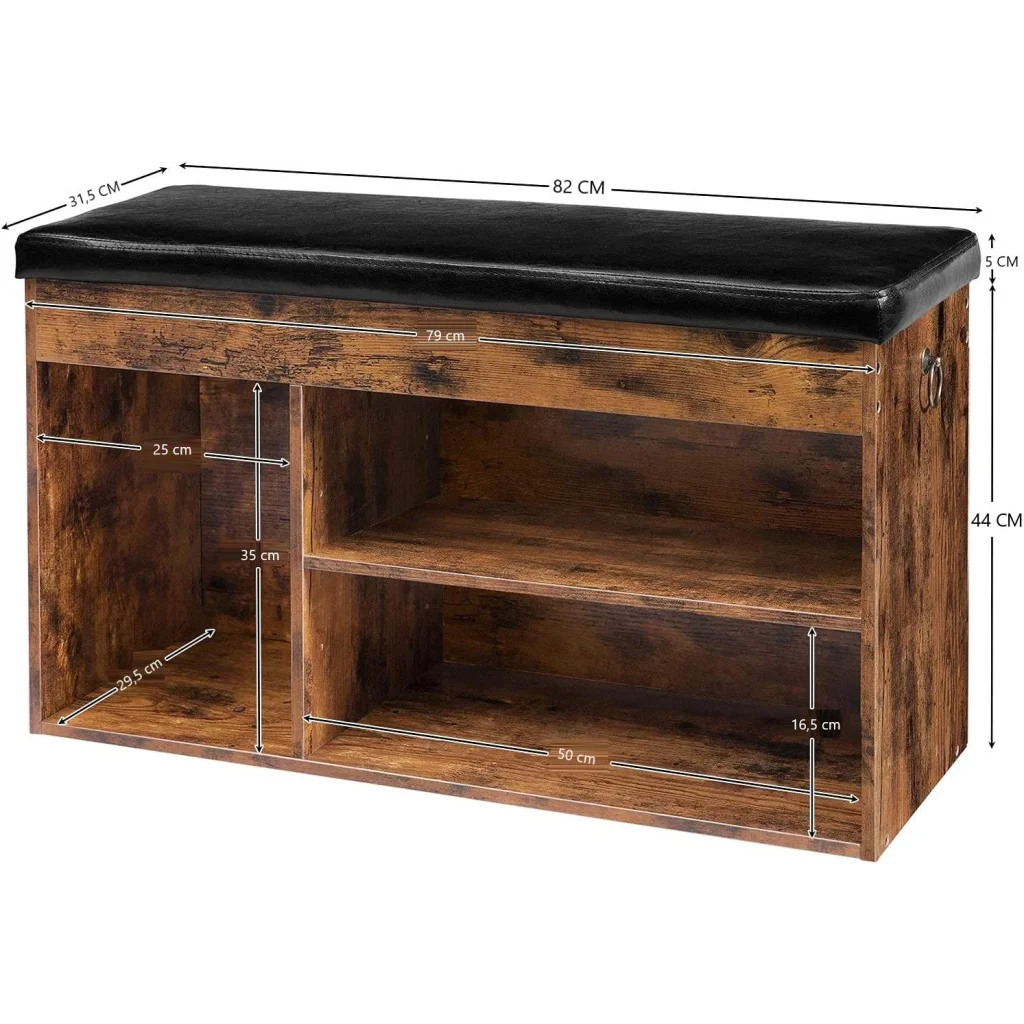Shoe storage bench with component details and storage context