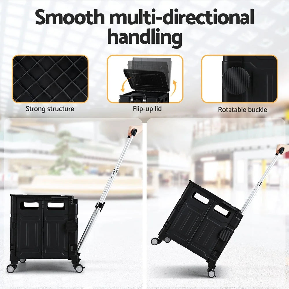 Black 75l storage trolley with shelves and rolling caster wheels