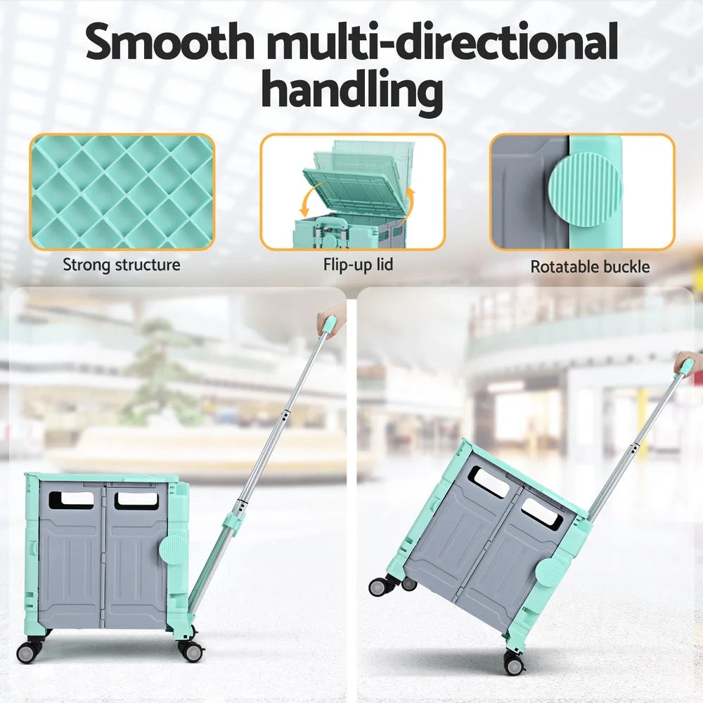 Green 75l storage trolley with handle rail and shelf tiers