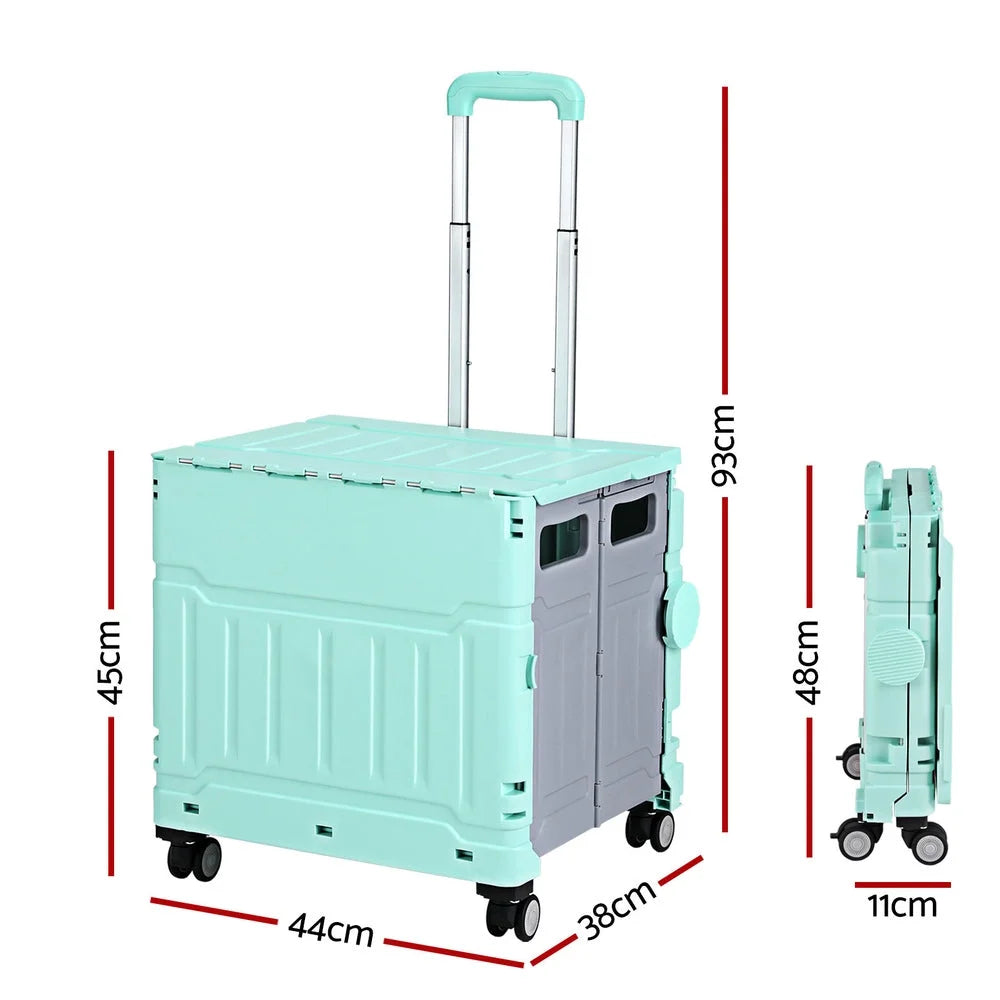 Green 75l storage trolley with shelves and rolling caster wheels