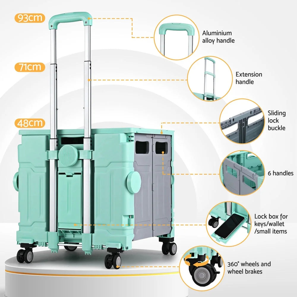Green 75l storage trolley with portable shelves and caster wheels