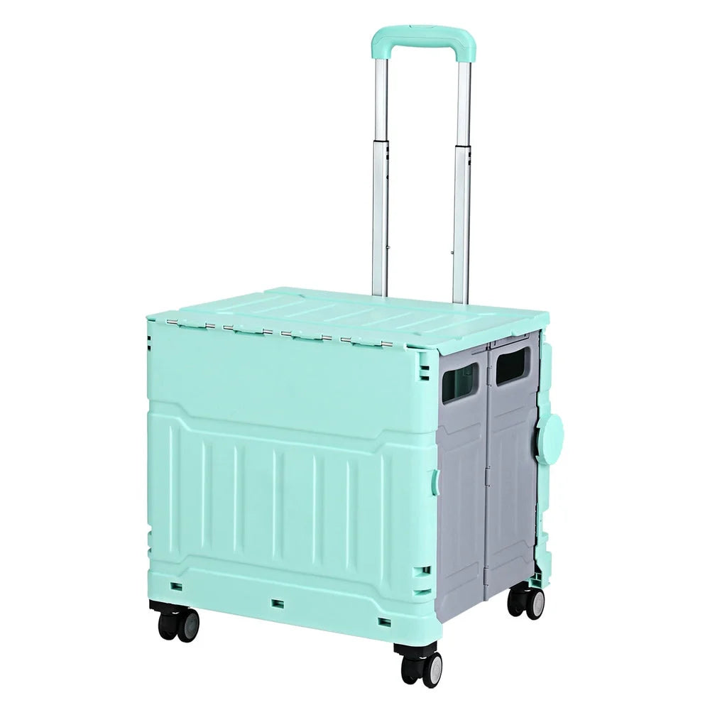 Green 75l storage trolley with tray shelves and side handles