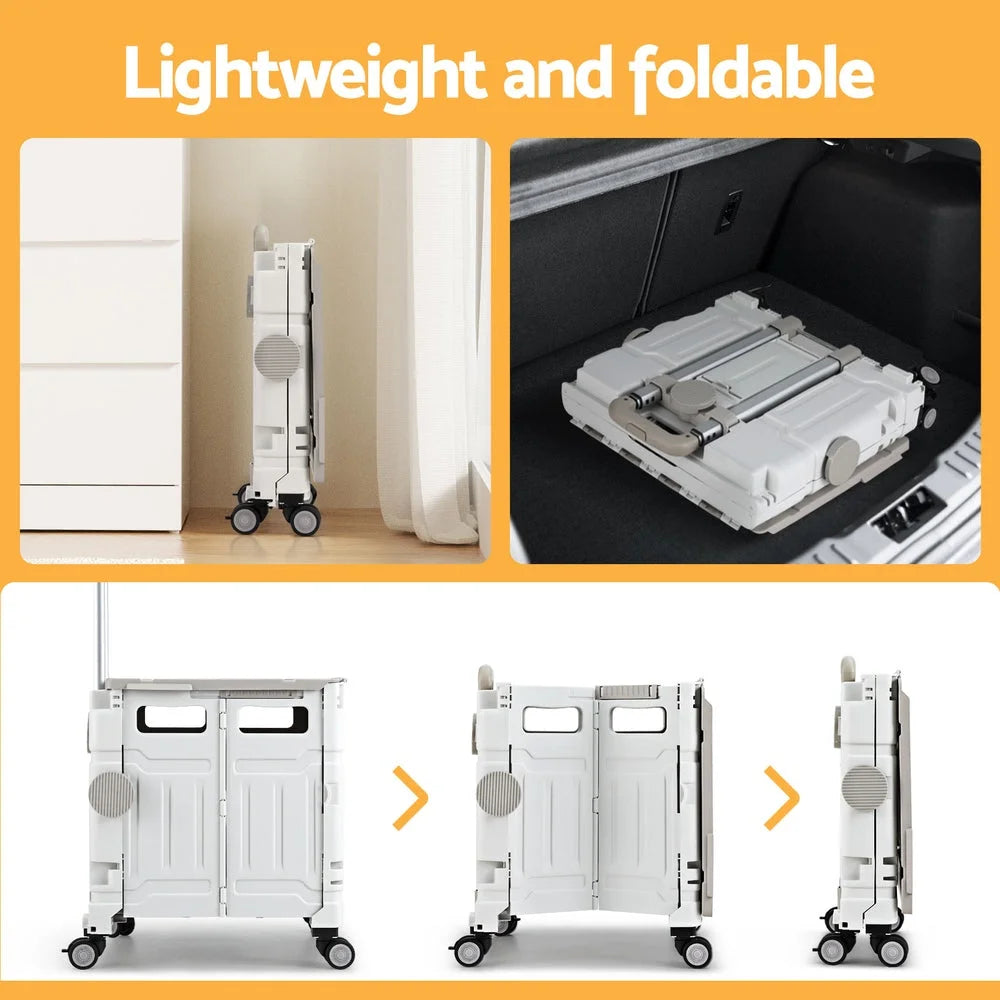 White 75l storage trolley with tray shelves and side handles