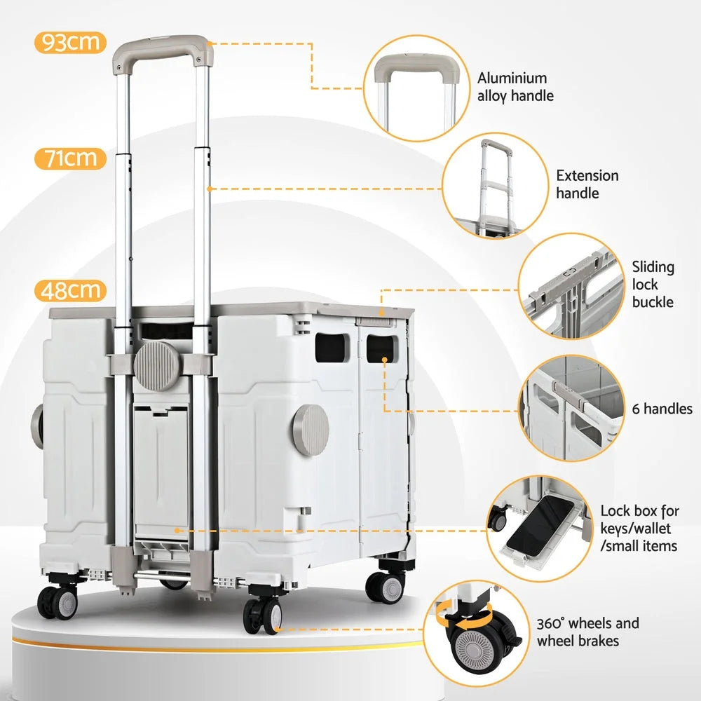 White 75l storage trolley with shelves and rolling caster wheels