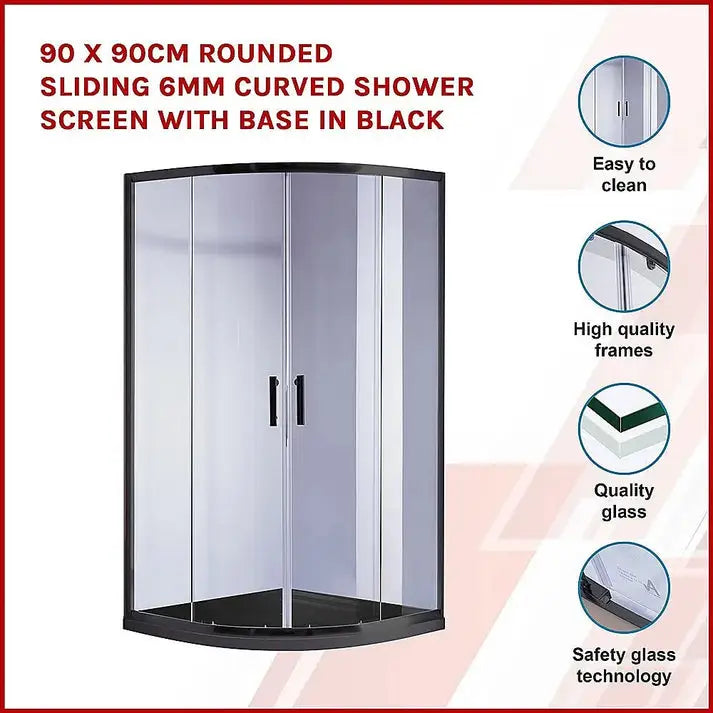 Shower Screen 90x90cm Rounded Sliding 6mm Curved with Base
