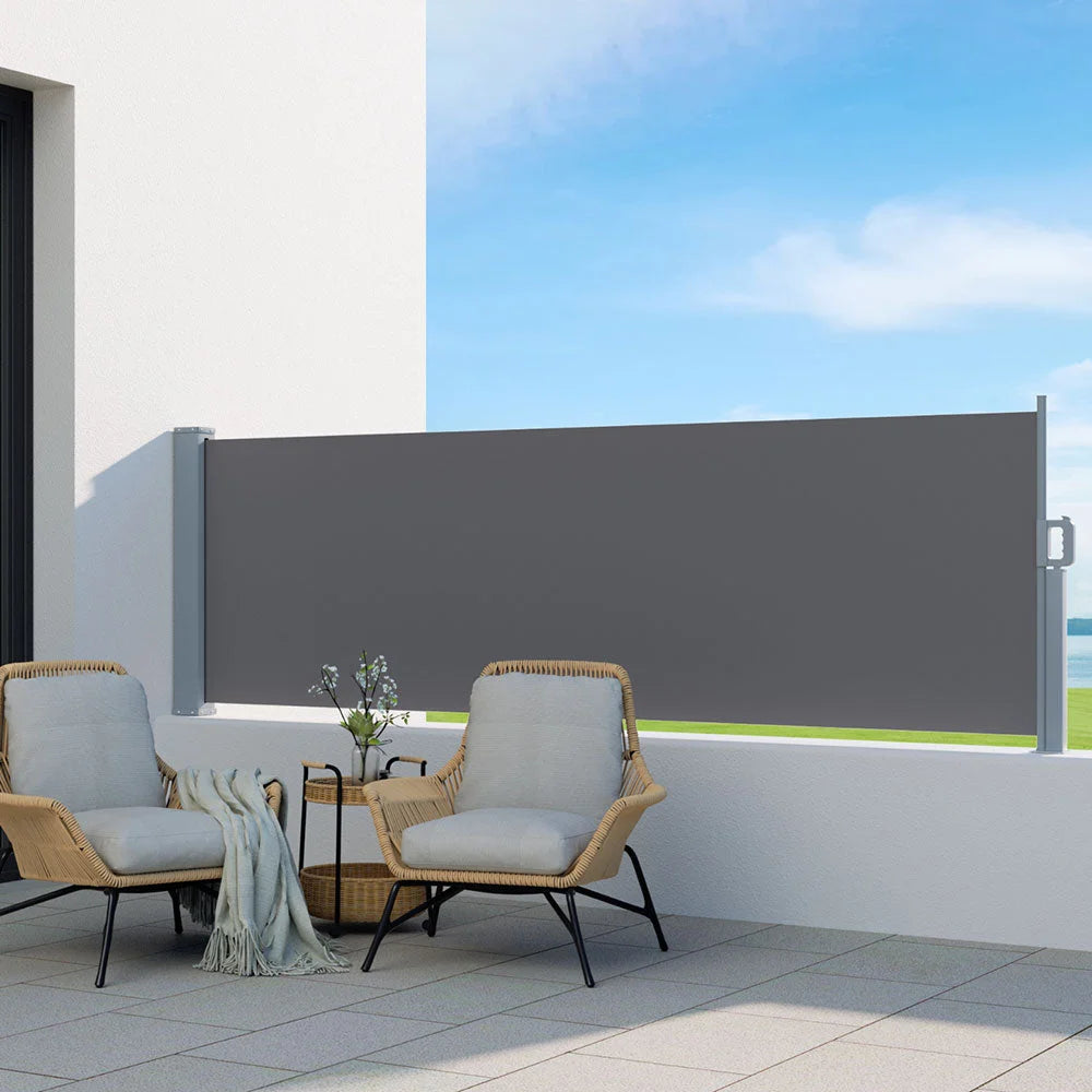 Grey 1x3m retractable awning with wall brackets and extended sunshade canopy