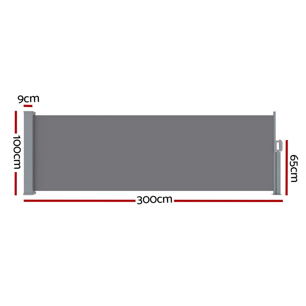 Grey 1x3m retractable awning with grey canopy fabric and articulated arms
