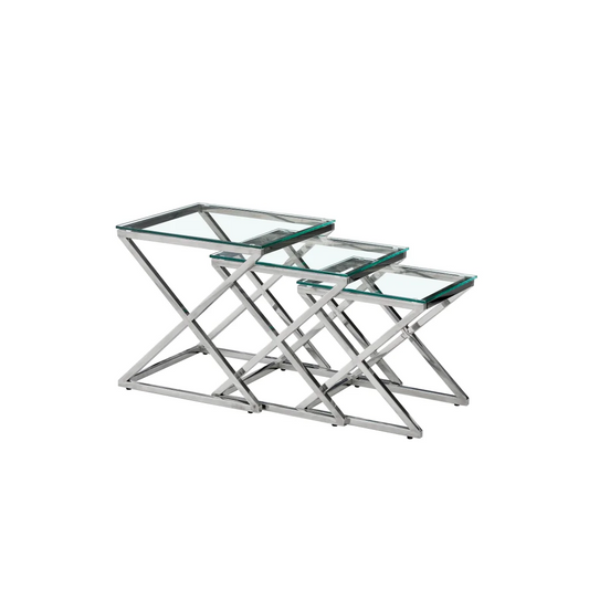 Side Table Bella Set of 3 Silver - Clear Glass - Furniture