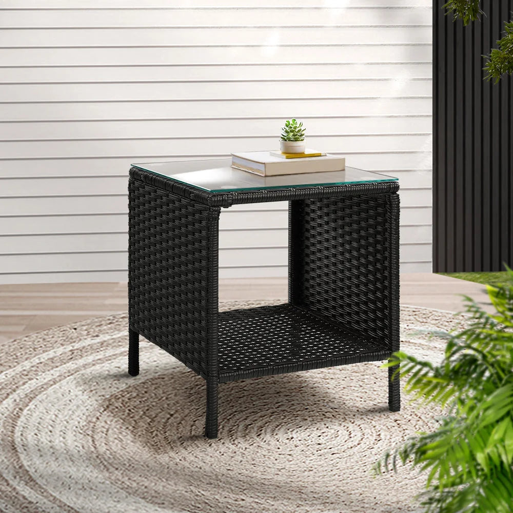 Black rattan table coffee patio with key surfaces and edge shape