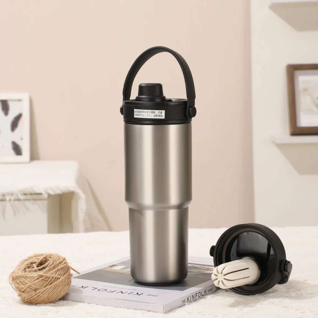 Silver 30oz Ceramic Lined Insulated Tumbler with Handle