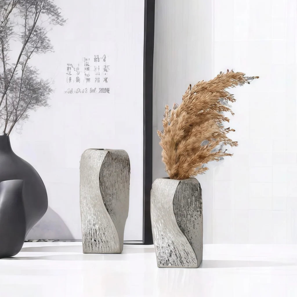Silver Abstract Twisted Ceramic Vase - Artistic Minimalist