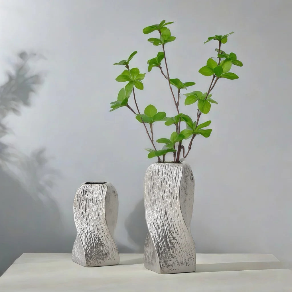 Silver Abstract Twisted Ceramic Vase - Artistic Minimalist