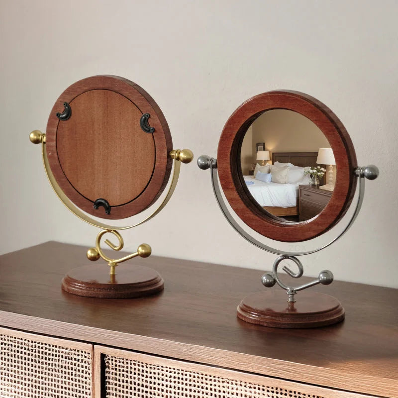 Silver and Brown Vintage Solid Wood Makeup Mirror - 360°