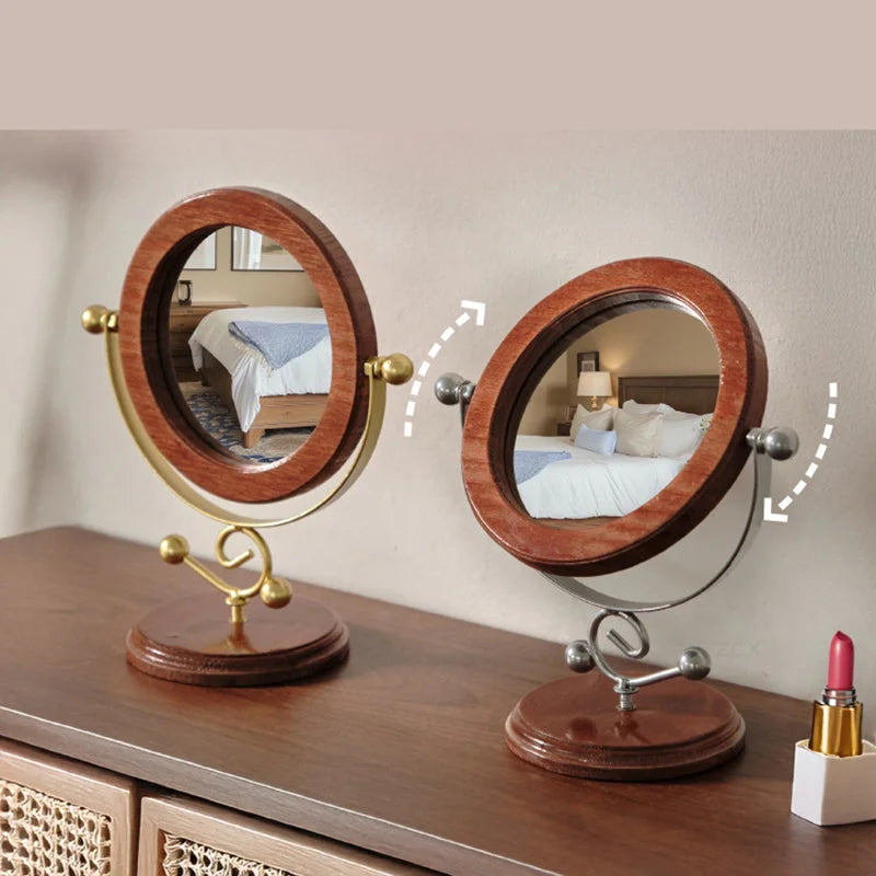 Silver and Brown Vintage Solid Wood Makeup Mirror - 360°