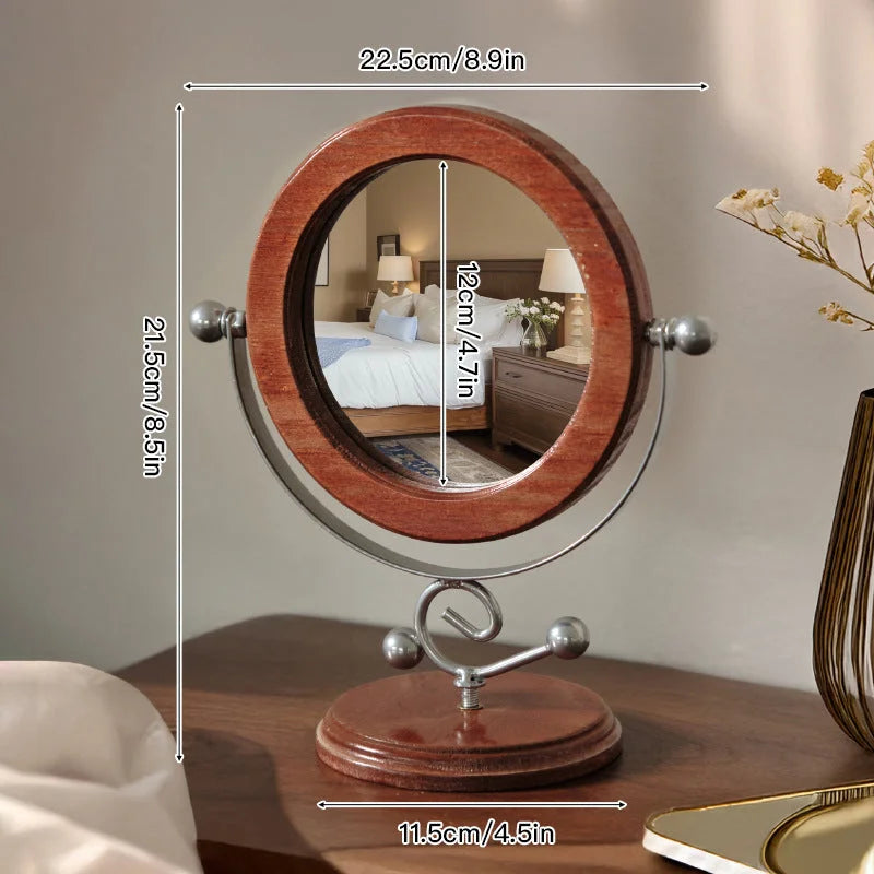 Silver and Brown Vintage Solid Wood Makeup Mirror - 360°