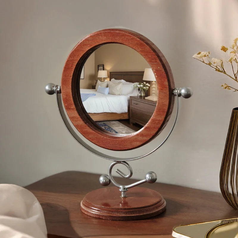 Silver and Brown Vintage Solid Wood Makeup Mirror - 360°