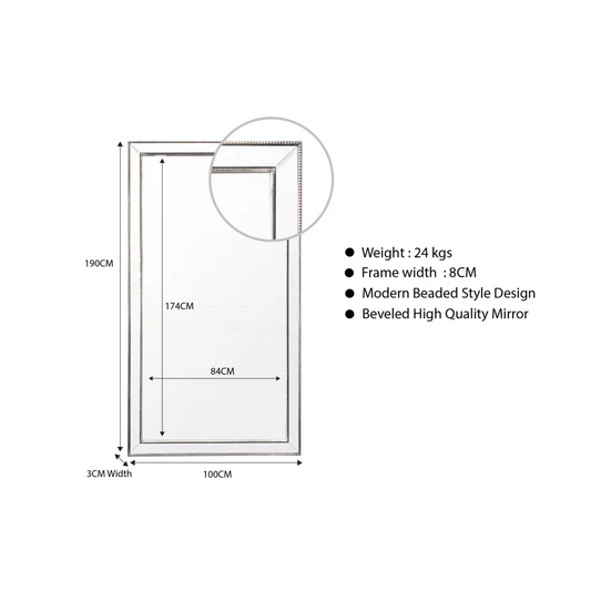 Silver Beaded Framed Mirror - X Large 190cm x 100cm - Home