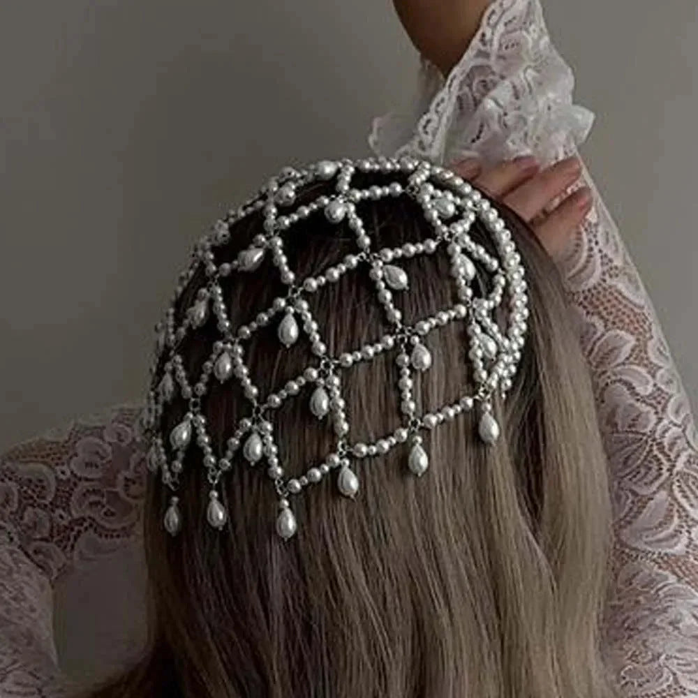 Silver Bohemian Pearl Net Headband – Vintage Mesh Hair