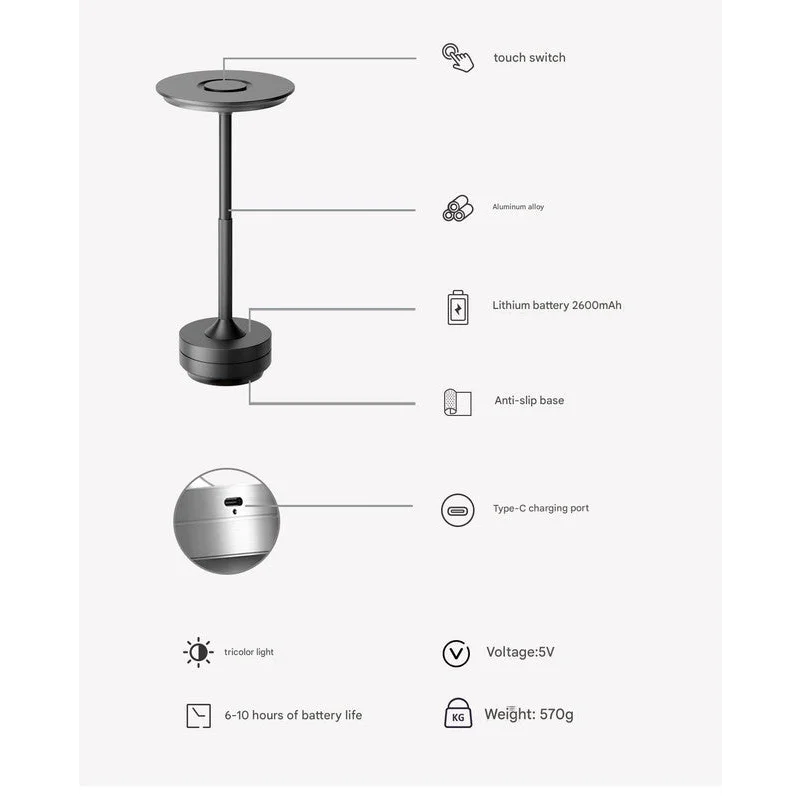 Silver Elegant Aluminum Alloy Rechargeable LED Touch Lamp