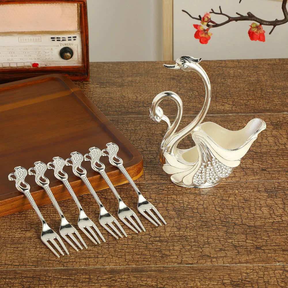 Silver Elegant Double Swan Cutlery Holder Set with 6pcs