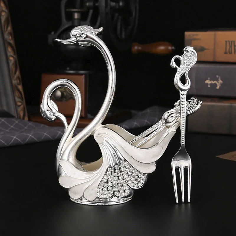Silver Elegant Double Swan Cutlery Holder Set with 6pcs