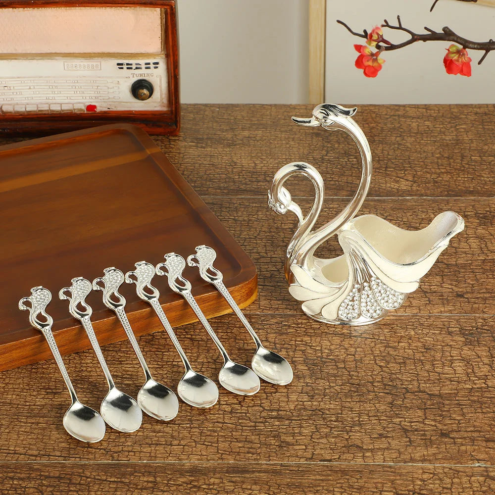 Silver Elegant Double Swan Cutlery Holder Set with 6pcs