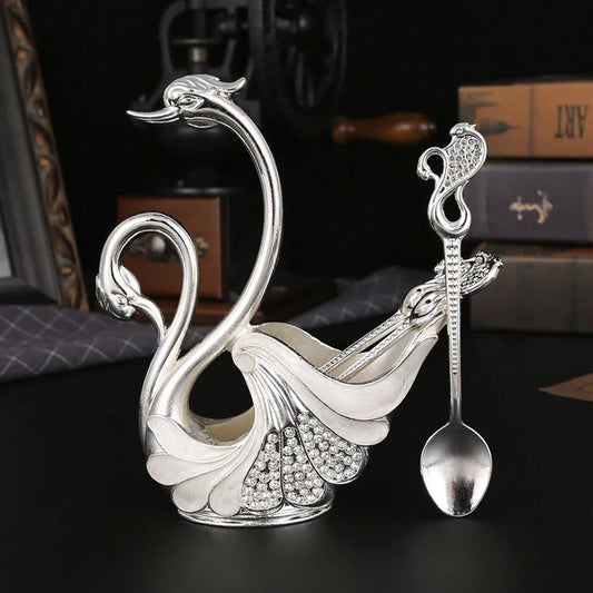 Silver Elegant Double Swan Cutlery Holder Set with 6pcs