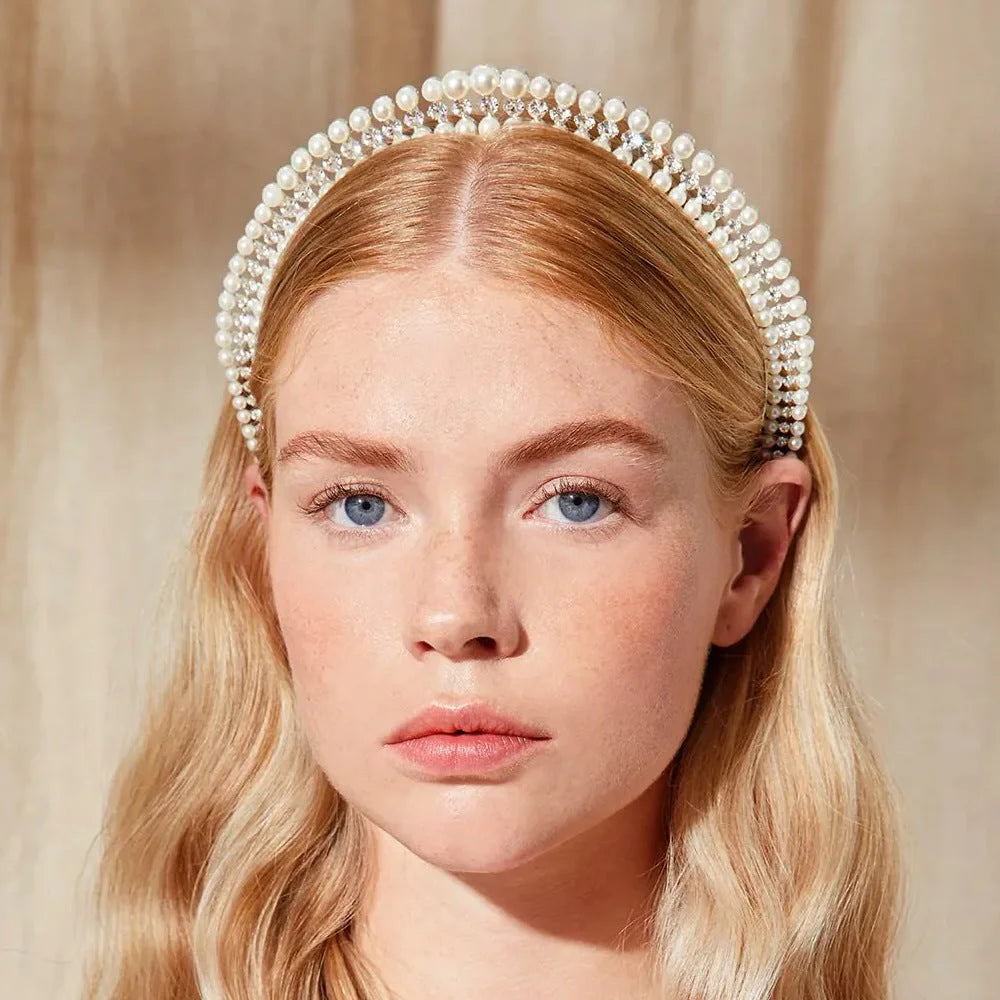 Silver Elegant Faux Pearl Bridal Headband – Multi-Layer