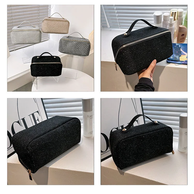 Silver Elegant Glitter Cosmetic Bag with Zipper and Handle