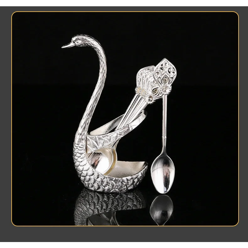 Silver Elegant Swan Cutlery Holder Set with 6 Dessert