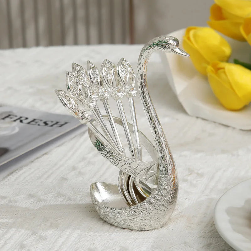 Silver Elegant Swan Cutlery Holder Set with 6 Dessert