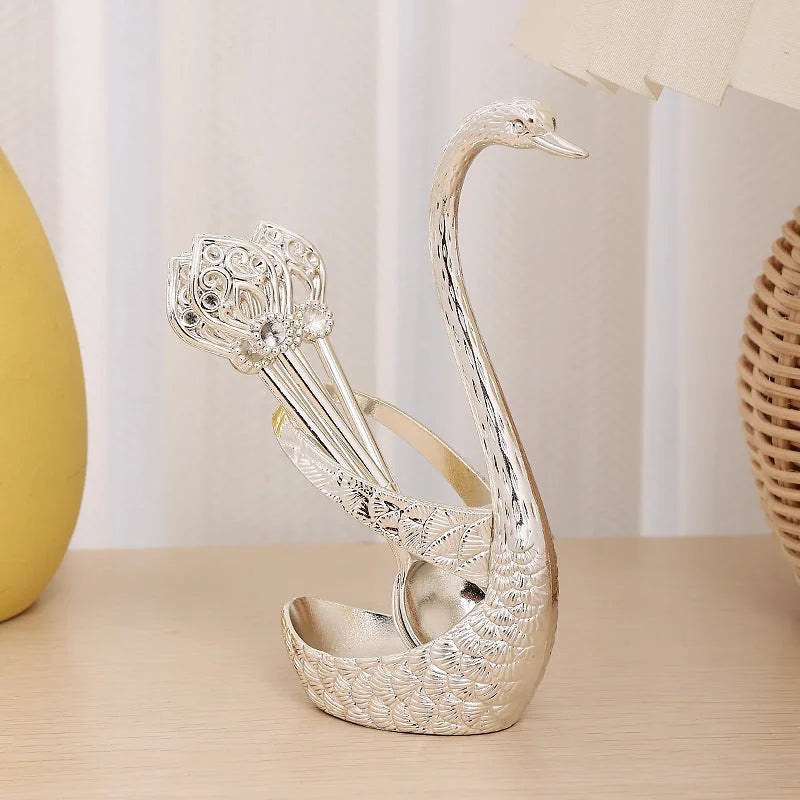 Silver Elegant Swan Cutlery Holder Set with 6 Dessert