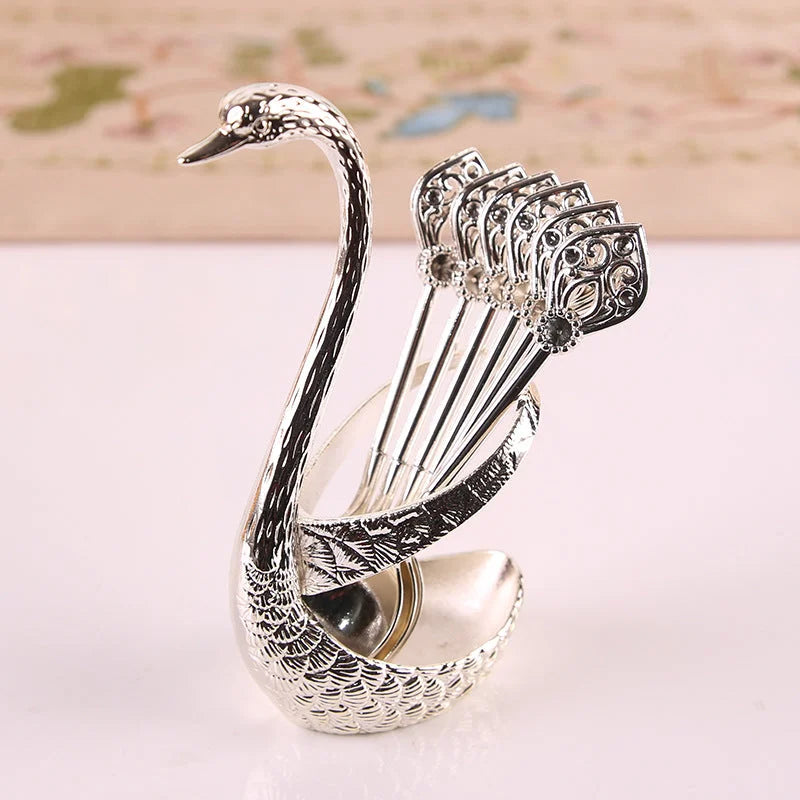 Silver Elegant Swan Cutlery Holder Set with 6 Dessert