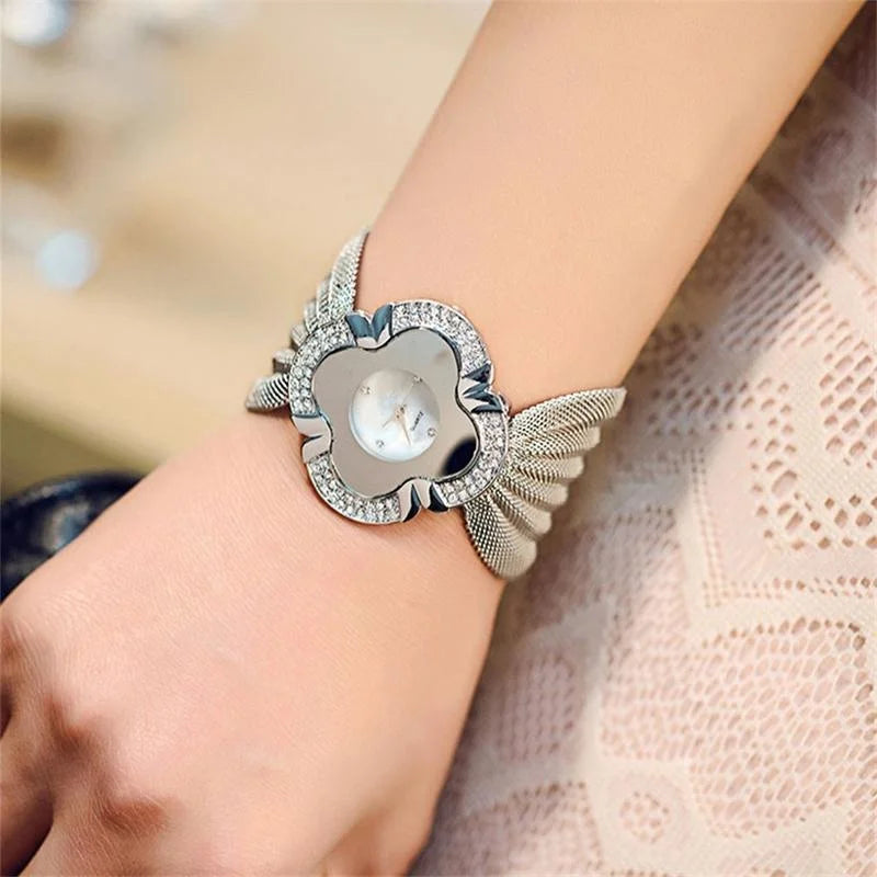 Silver Flower Mirror Watch with Diamond Grid Strap