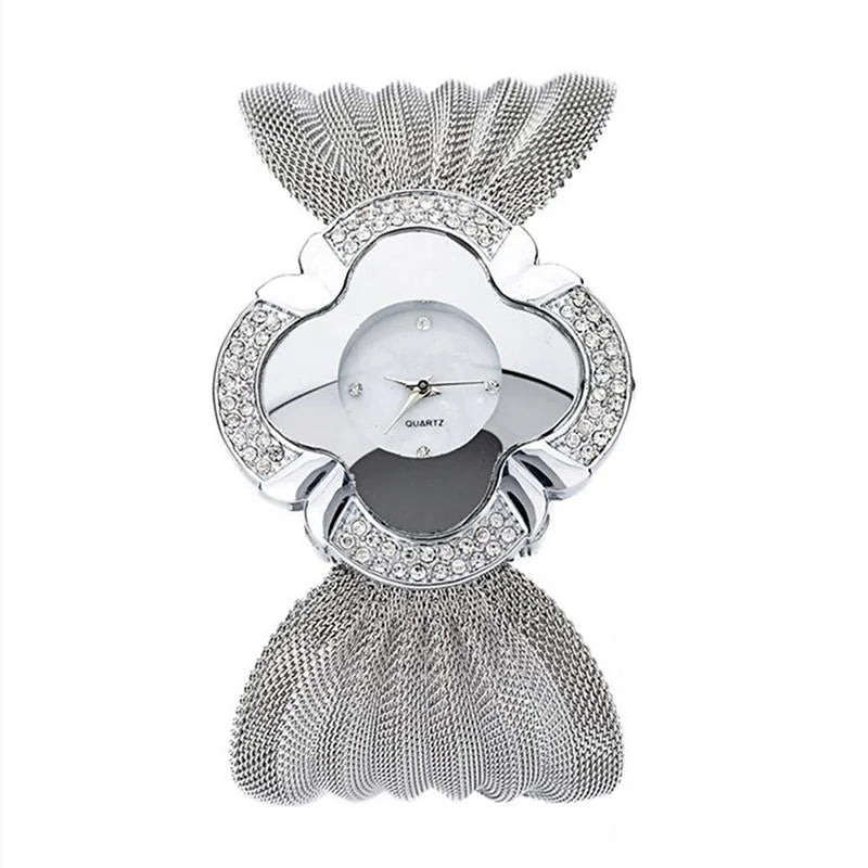 Silver Flower Mirror Watch with Diamond Grid Strap