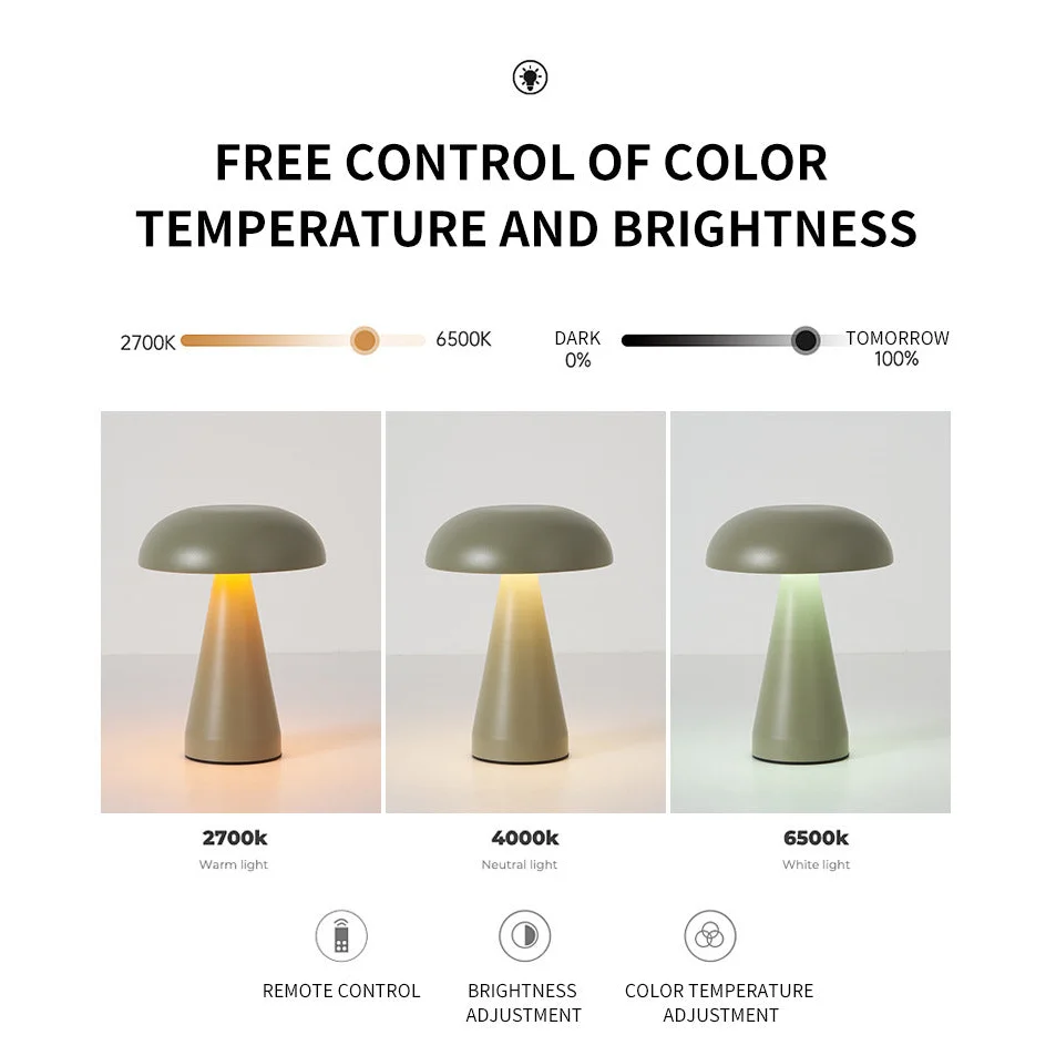 Silver Metal Mushroom Table Lamp - Rechargeable Touch